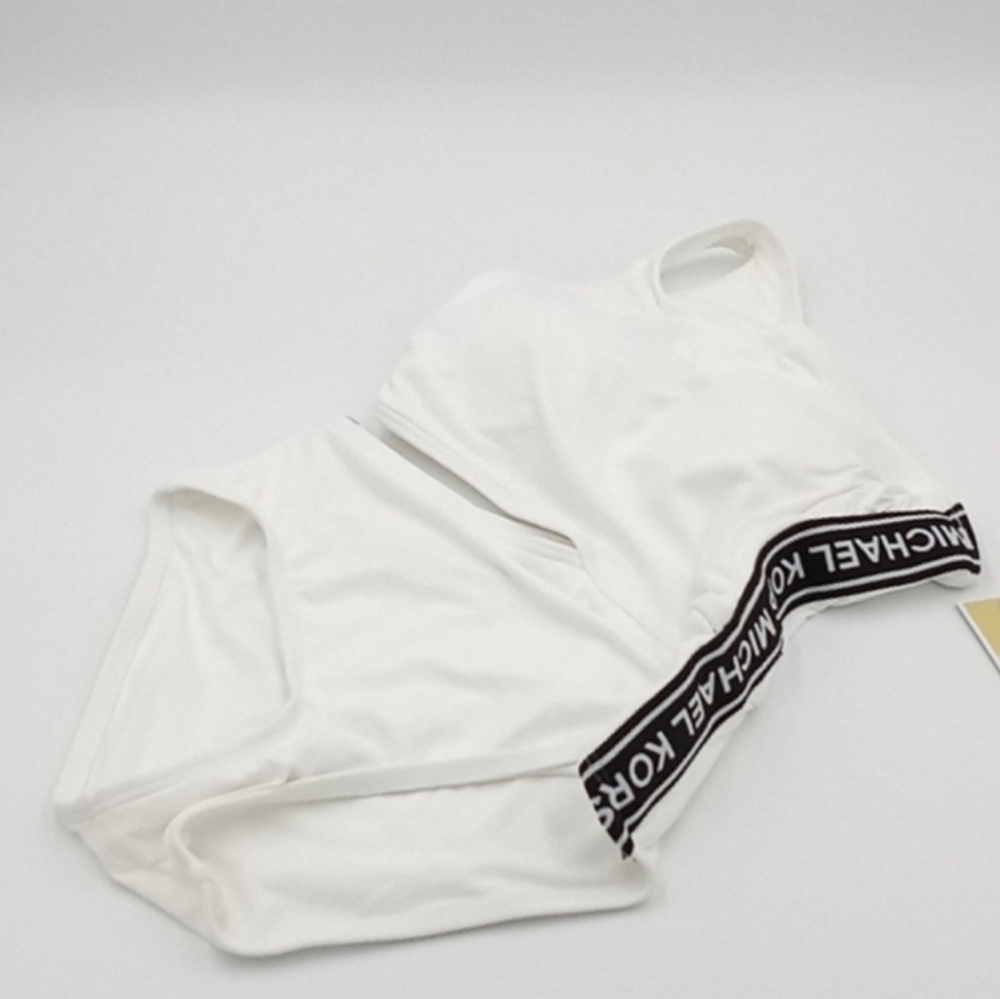 Michael Kors Logo Tape‎ One-Shoulder Cutout Swimsuit White 10